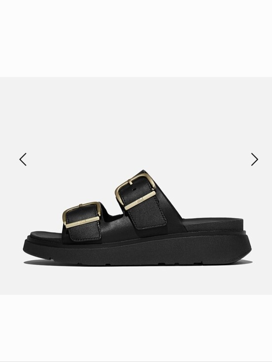 Fitflop Shoes - Fitflop GEN-FF Buckle Two-Bar Leather Slides In Black Size 8.5